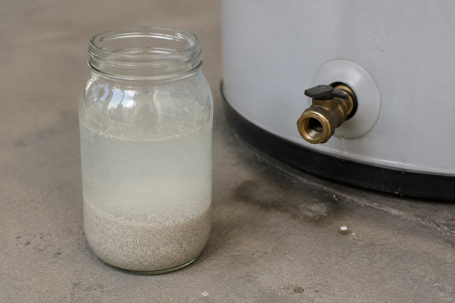 Cross-section of a water heater tank bottom showing a thick layer of white and gray mineral sediment over the steel floor