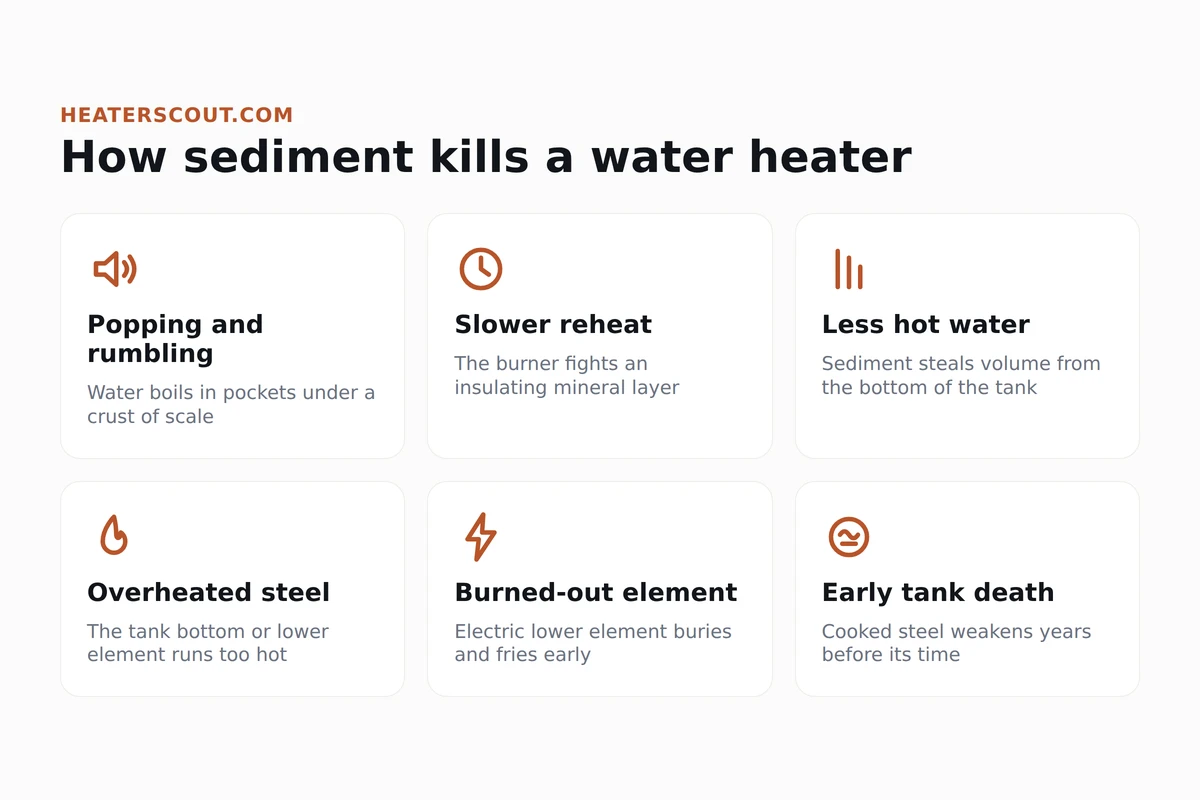 Icon grid of water heater sediment problems: popping, slow reheat, low hot flow, overheating, burned element, early failure