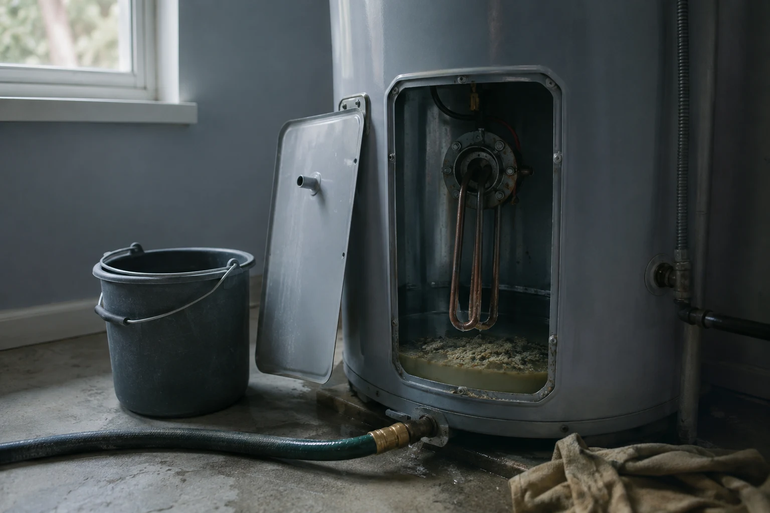 A homeowner draining sediment from the bottom of a residential tank water heater into a bucket with a garden hose on the drain valve, cloudy mineral-laden water running out, a corroded old dip tube and a heating element resting on the floor nearby