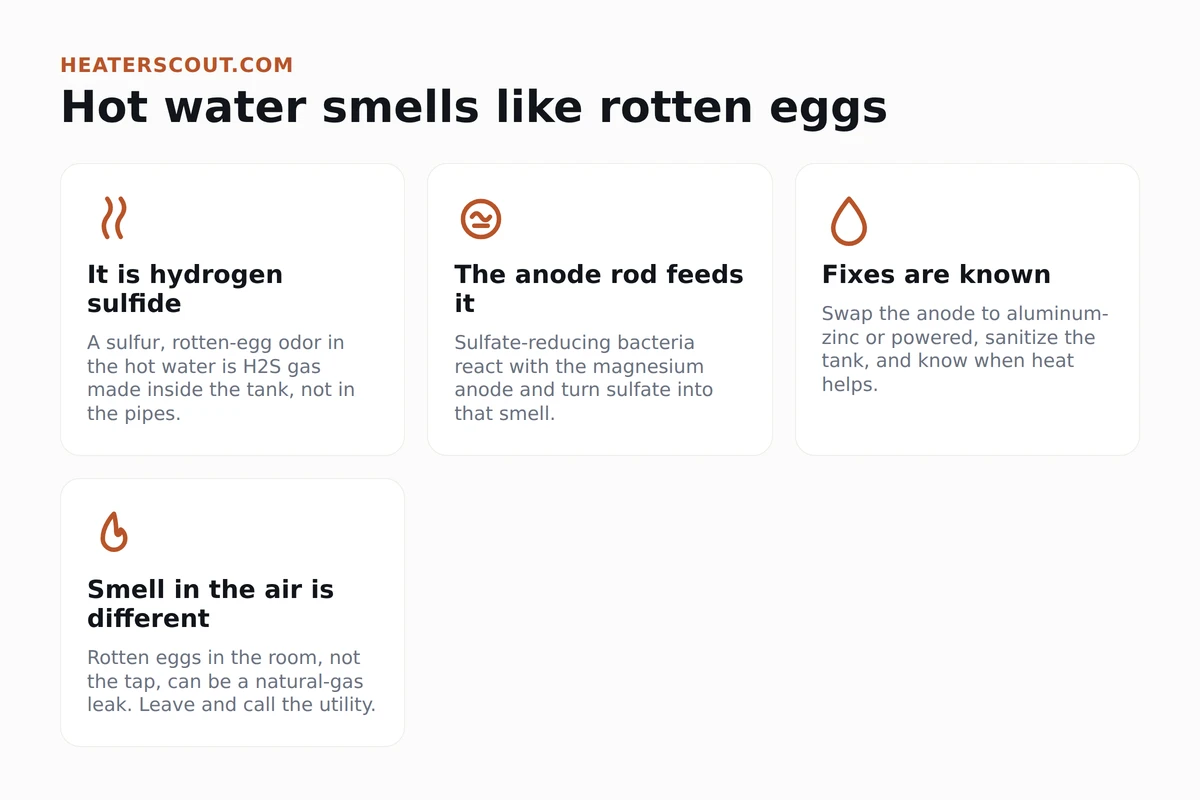 Infographic explaining a rotten-egg smell in hot water: it is hydrogen sulfide gas made inside the tank, sulfate-reducing bacteria react with the magnesium anode rod, the fix is an aluminum-zinc or powered anode plus sanitizing, and a rotten-egg smell in the air instead can be a natural-gas leak