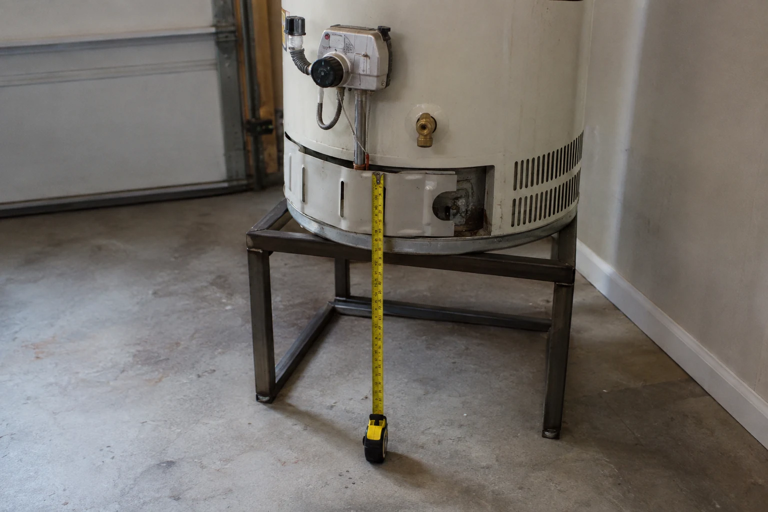 A gas water heater sitting on a DIY platform framed from 2x4 lumber with a 3/4-inch plywood deck in a garage, with a drip pan between the tank and the deck