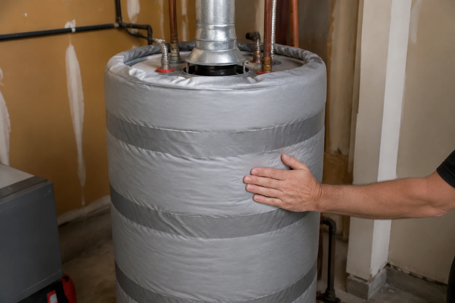 Fitted insulation blanket wrapped around a residential storage water heater in a garage