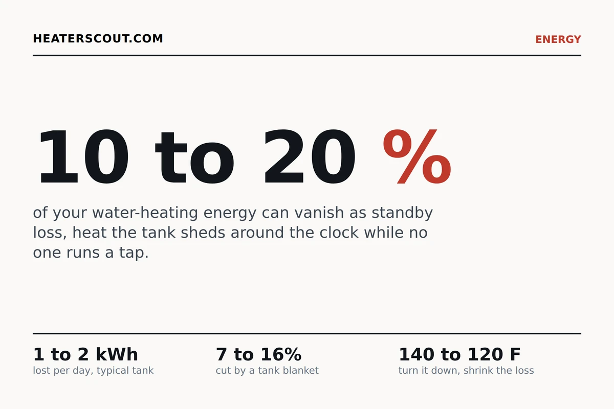 Swiss-style infographic: standby loss can be 10 to 20 percent of water-heating energy, with 1 to 2 kWh lost per day
