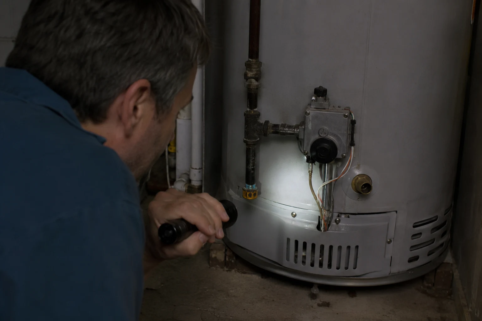 A gas water heater control valve with the thermopile lead unplugged, multimeter probes on the two terminals reading millivolts DC, the pilot burning behind the sight glass