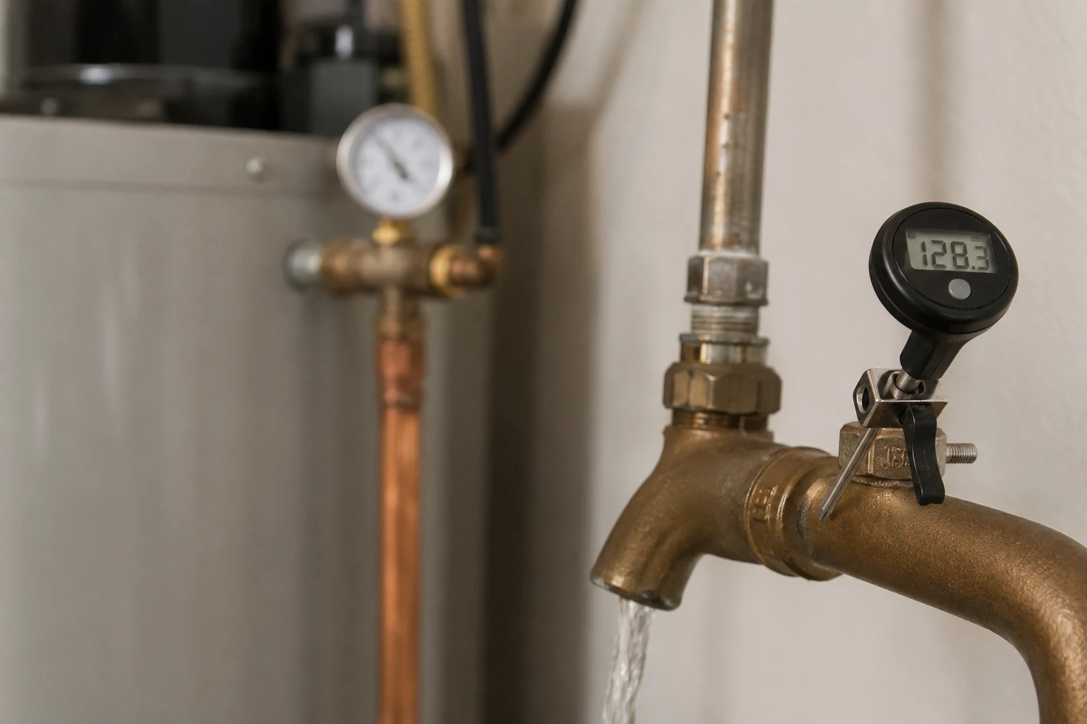 Person holding a thermometer under a running cold water tap to measure incoming groundwater temperature