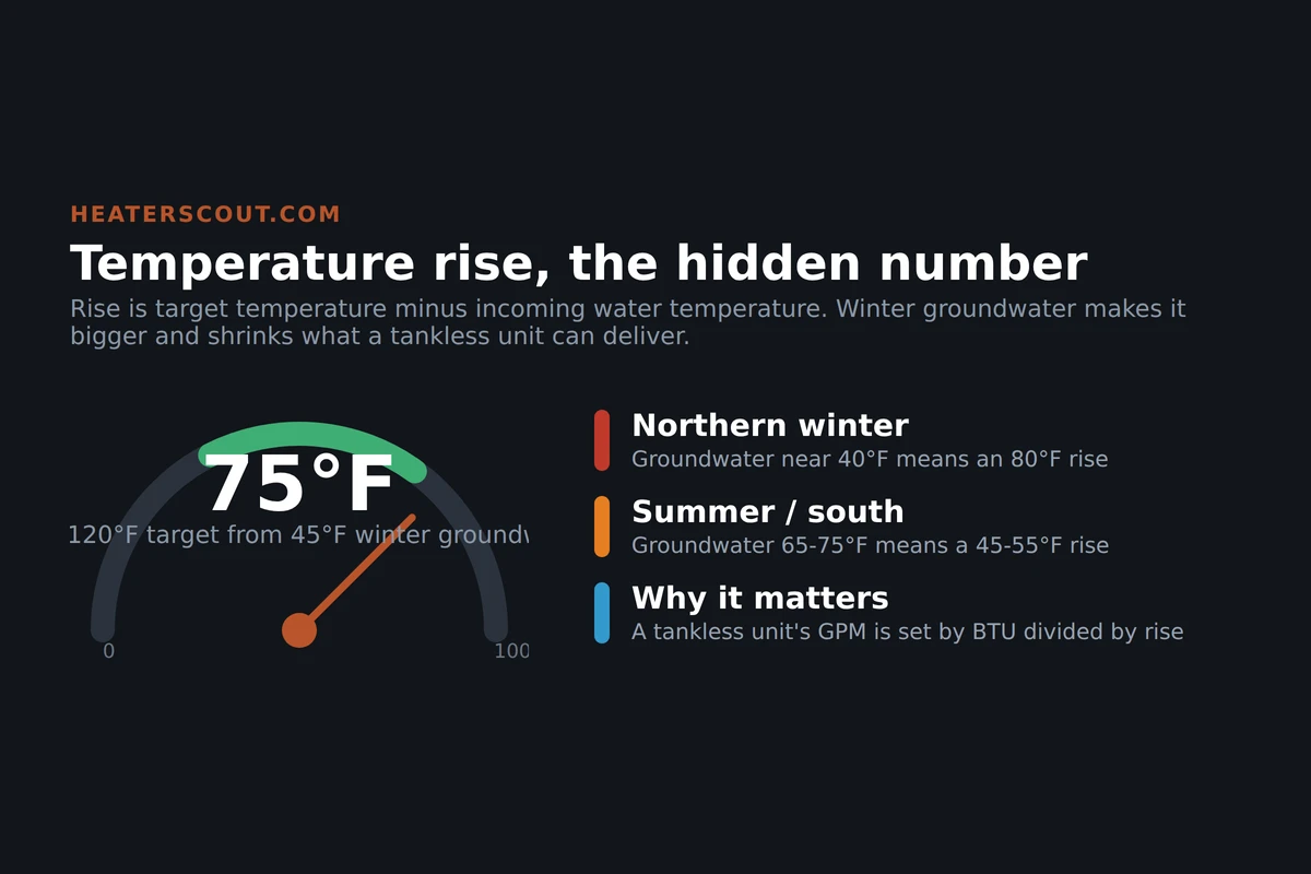 Gauge infographic showing a 75-degree water heater temperature rise from 45-degree winter groundwater to a 120-degree target, with regional incoming-temperature facts