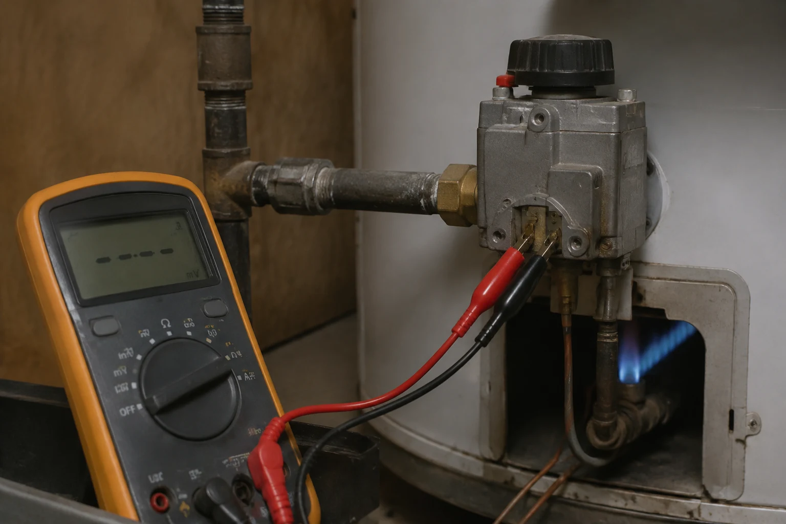 Multimeter probes on the two thermopile terminals of a Honeywell millivolt gas valve on a water heater with the pilot lit