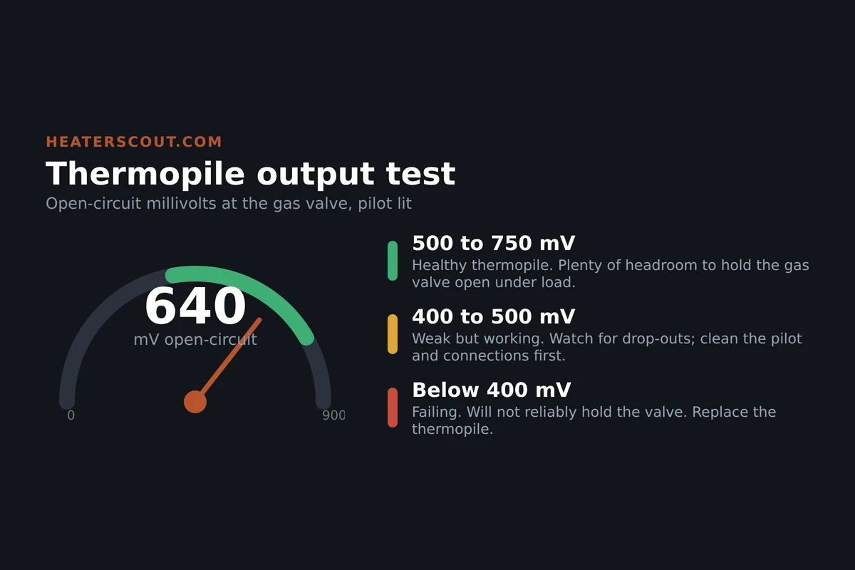 Gauge showing water heater thermopile open-circuit output in millivolts with a healthy green band from 400 to 750 mV and a reading of 640 mV