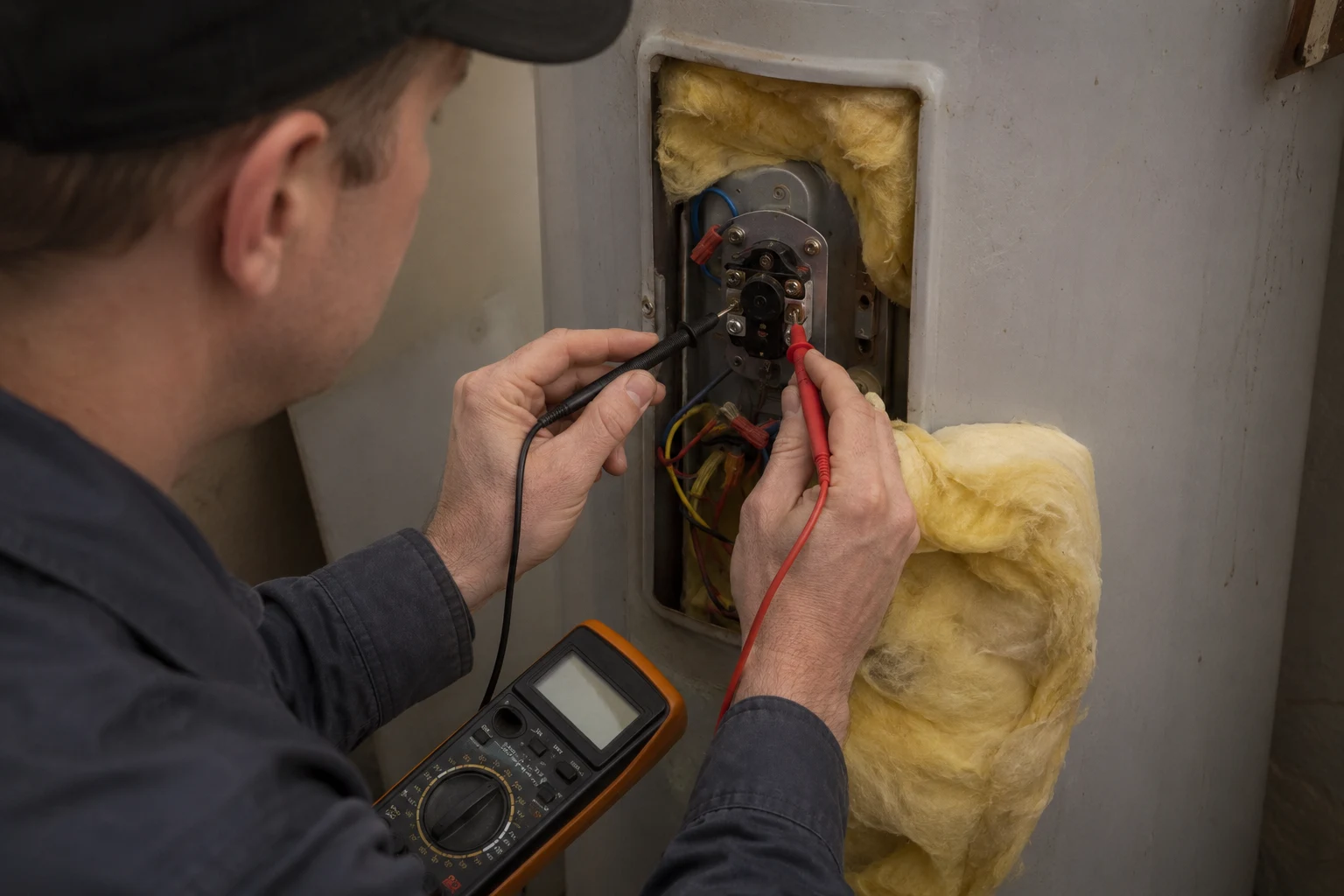 The upper access panel of an electric water heater open, showing the upper thermostat, the red ECO high-limit reset button, and the wiring where incoming voltage is tested
