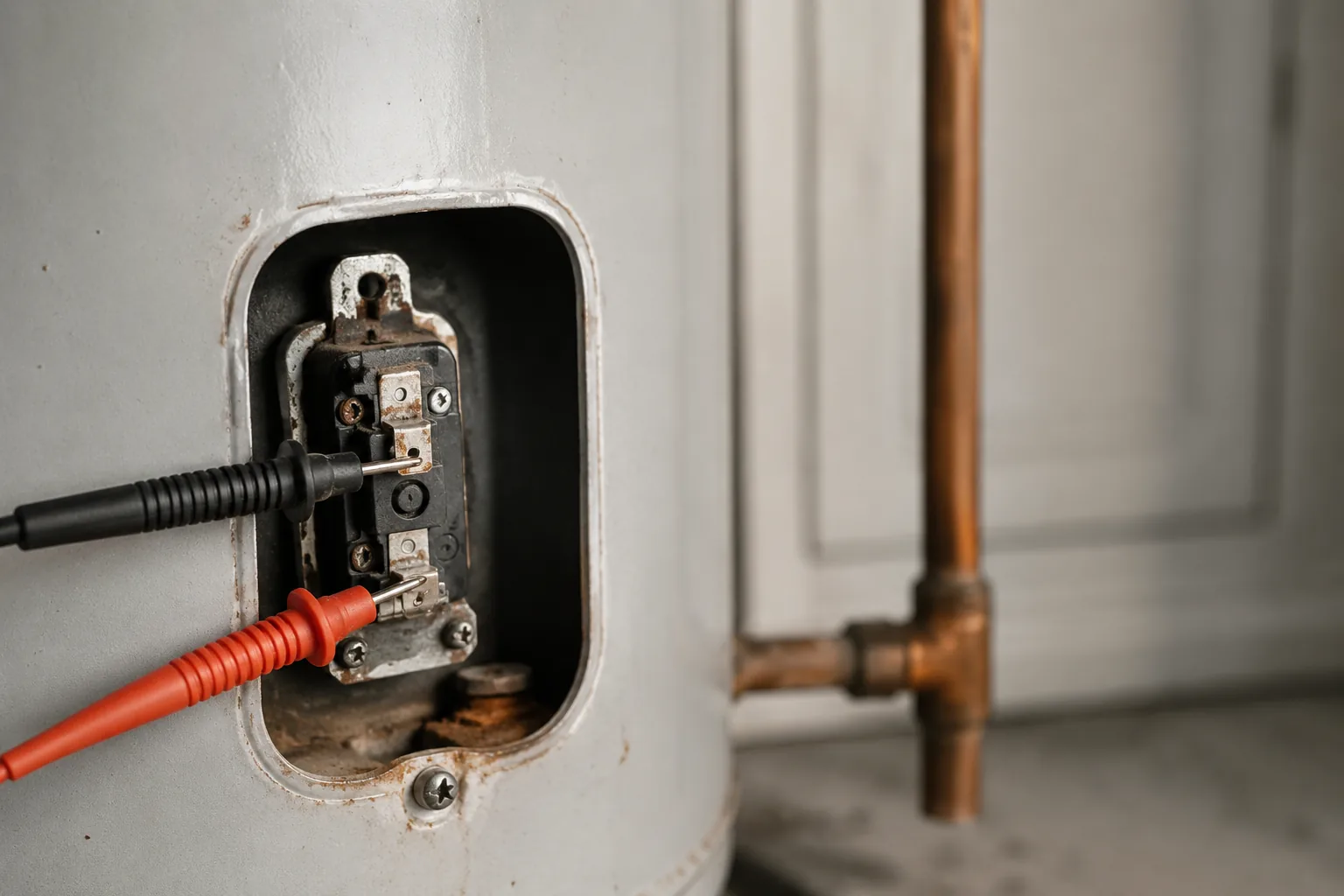 Multimeter probes checking continuity across water heater thermostat terminals