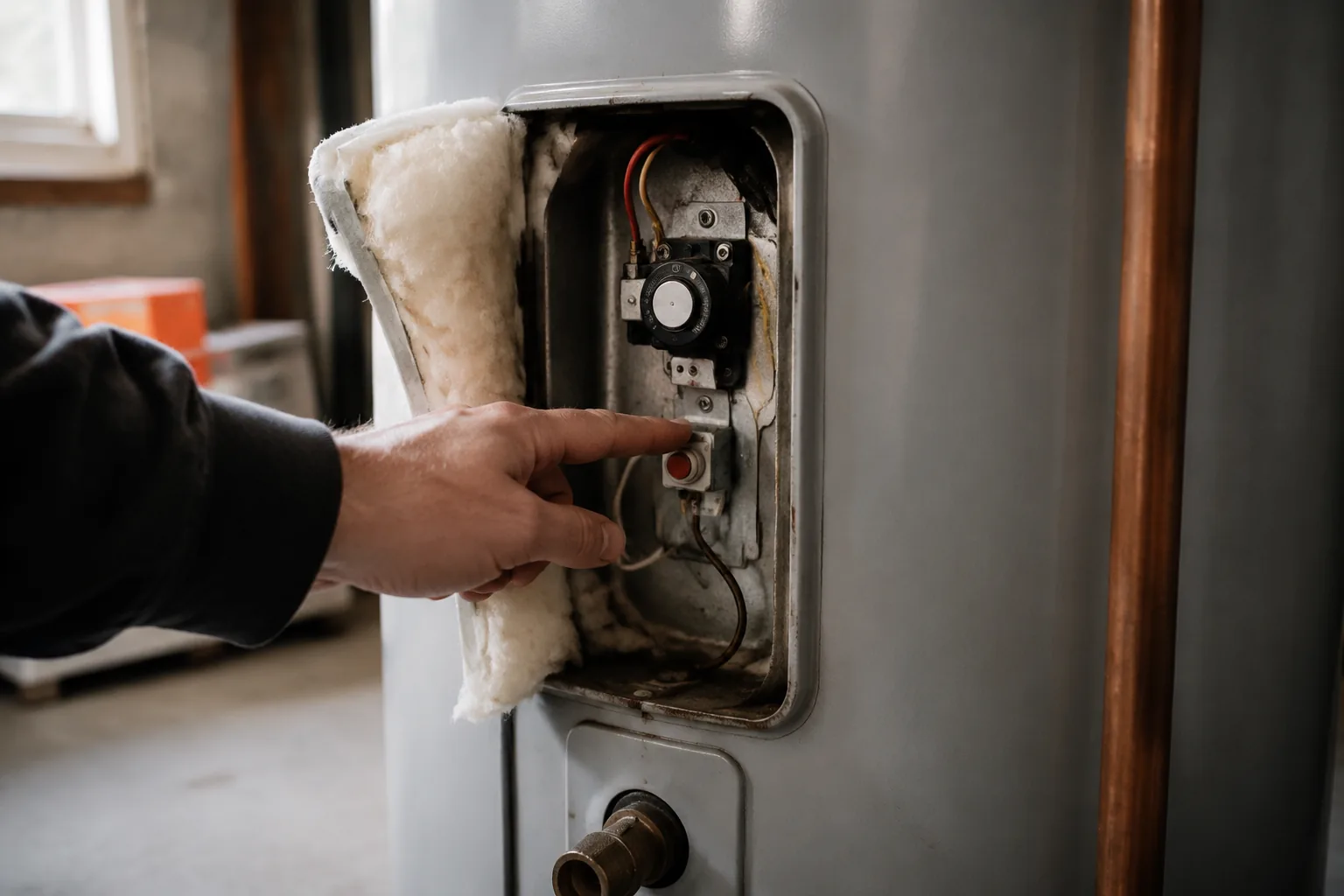 Electric water heater upper thermostat and ECO reset button behind the access panel