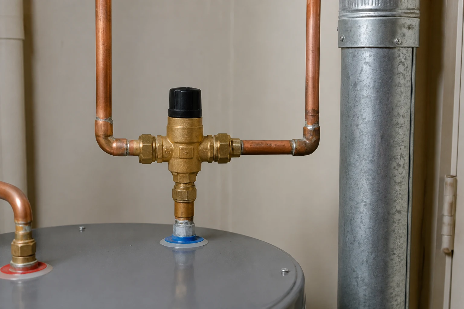 Brass thermostatic mixing valve installed on the hot outlet of a residential water heater