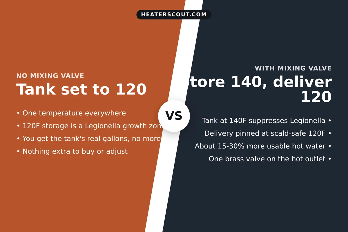 Split comparison of a water heater set to 120 versus one storing 140 with a thermostatic mixing valve