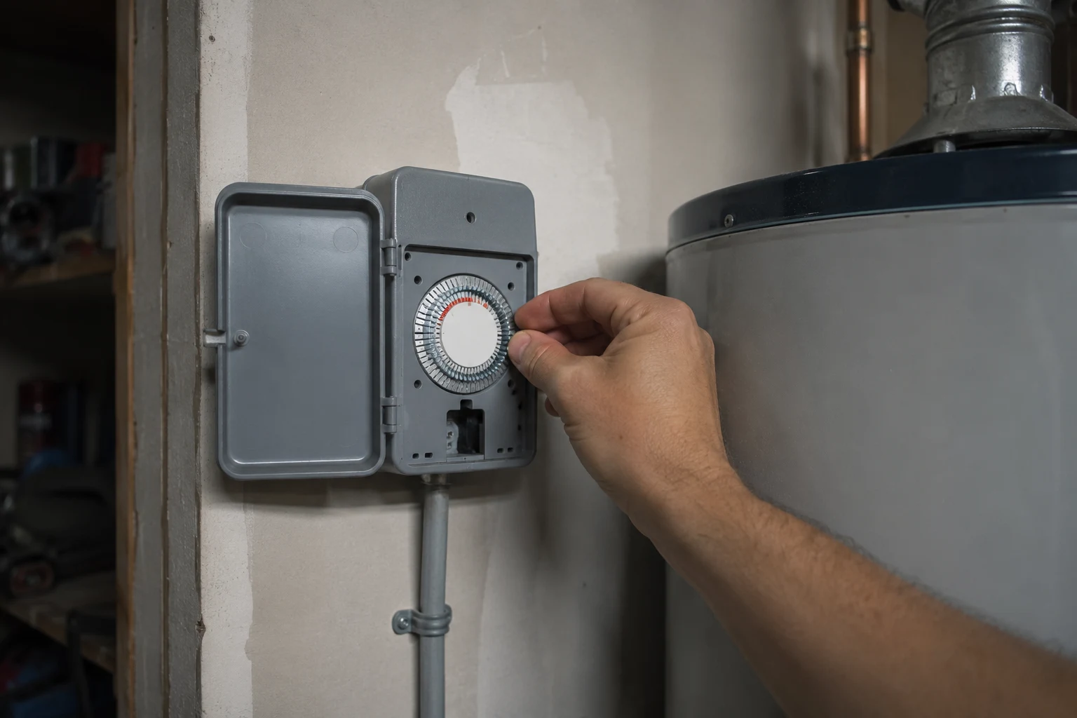 A mechanical Intermatic-style water heater timer mounted on the wall beside an electric storage tank, wired into the 240-volt circuit with the dial trippers set for an off-peak heating window