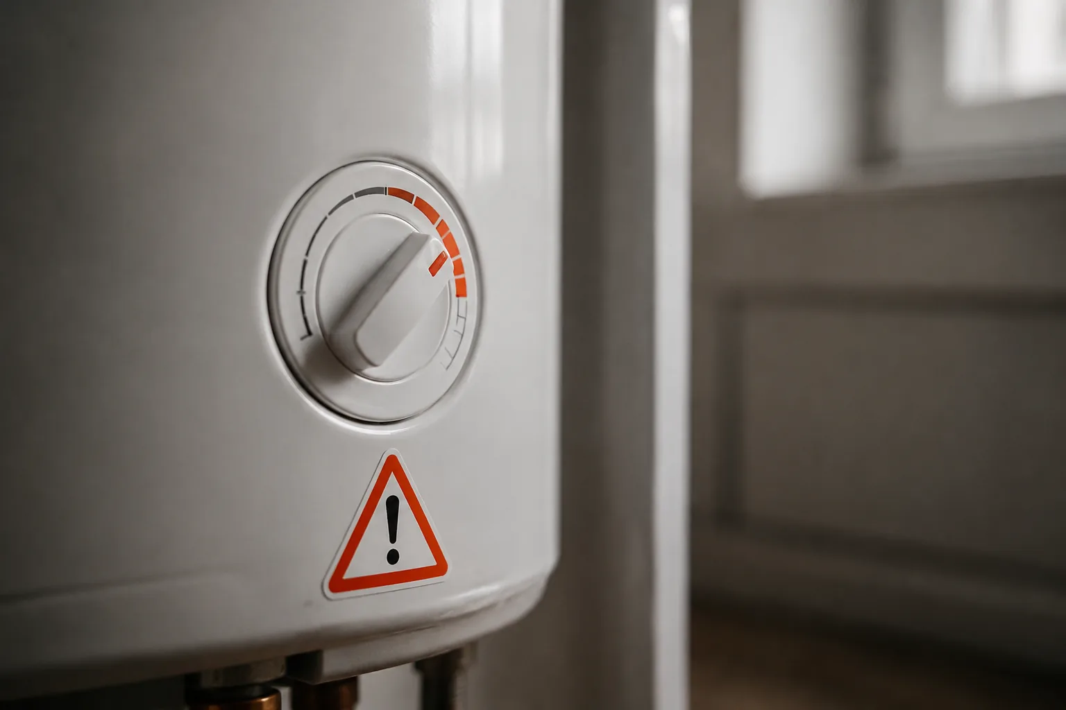Thermostat dial on a water heater set high, a hand adjusting it lower toward 120F