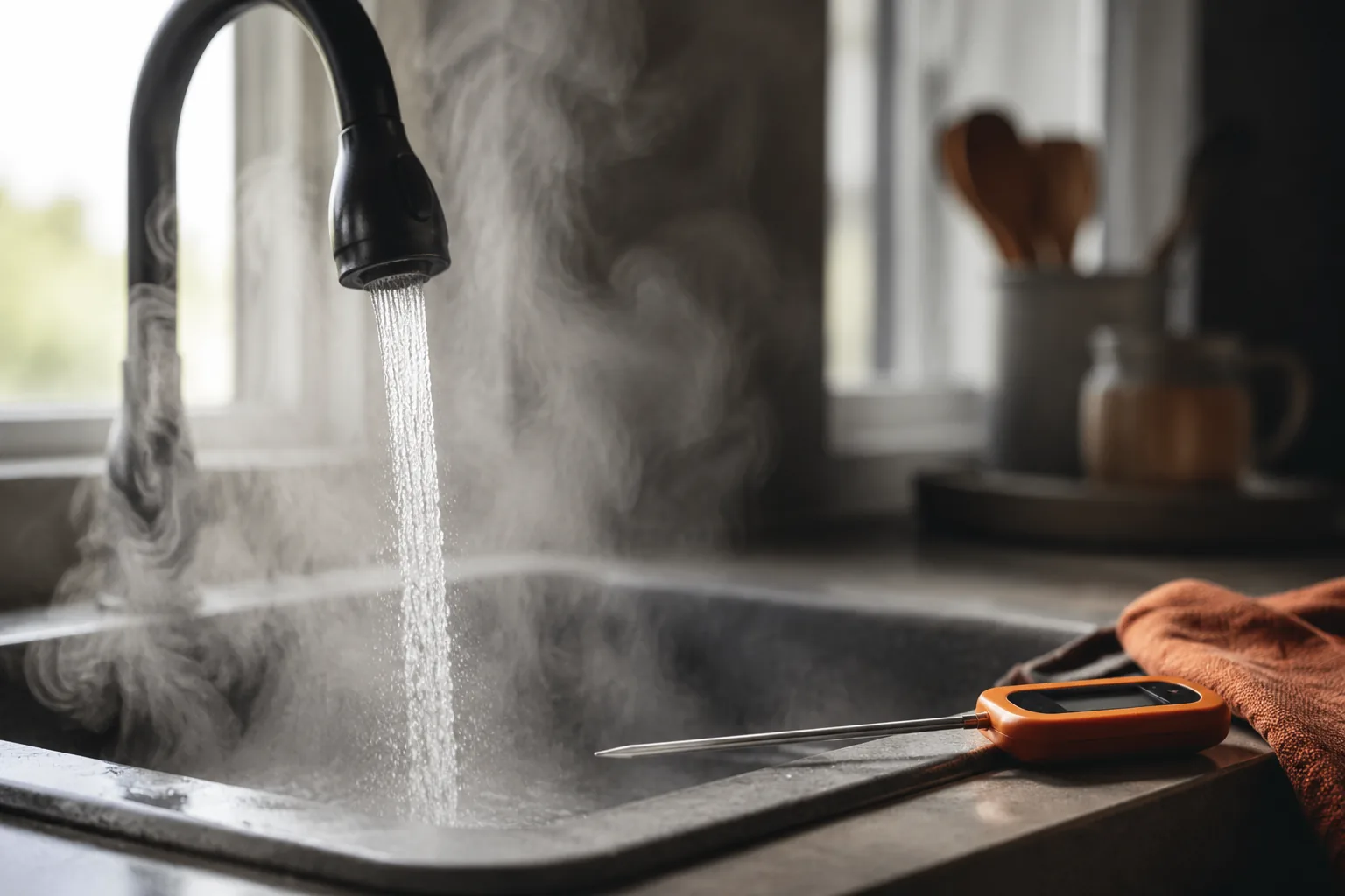 Steaming scalding water running from a faucet because the water heater is set too hot
