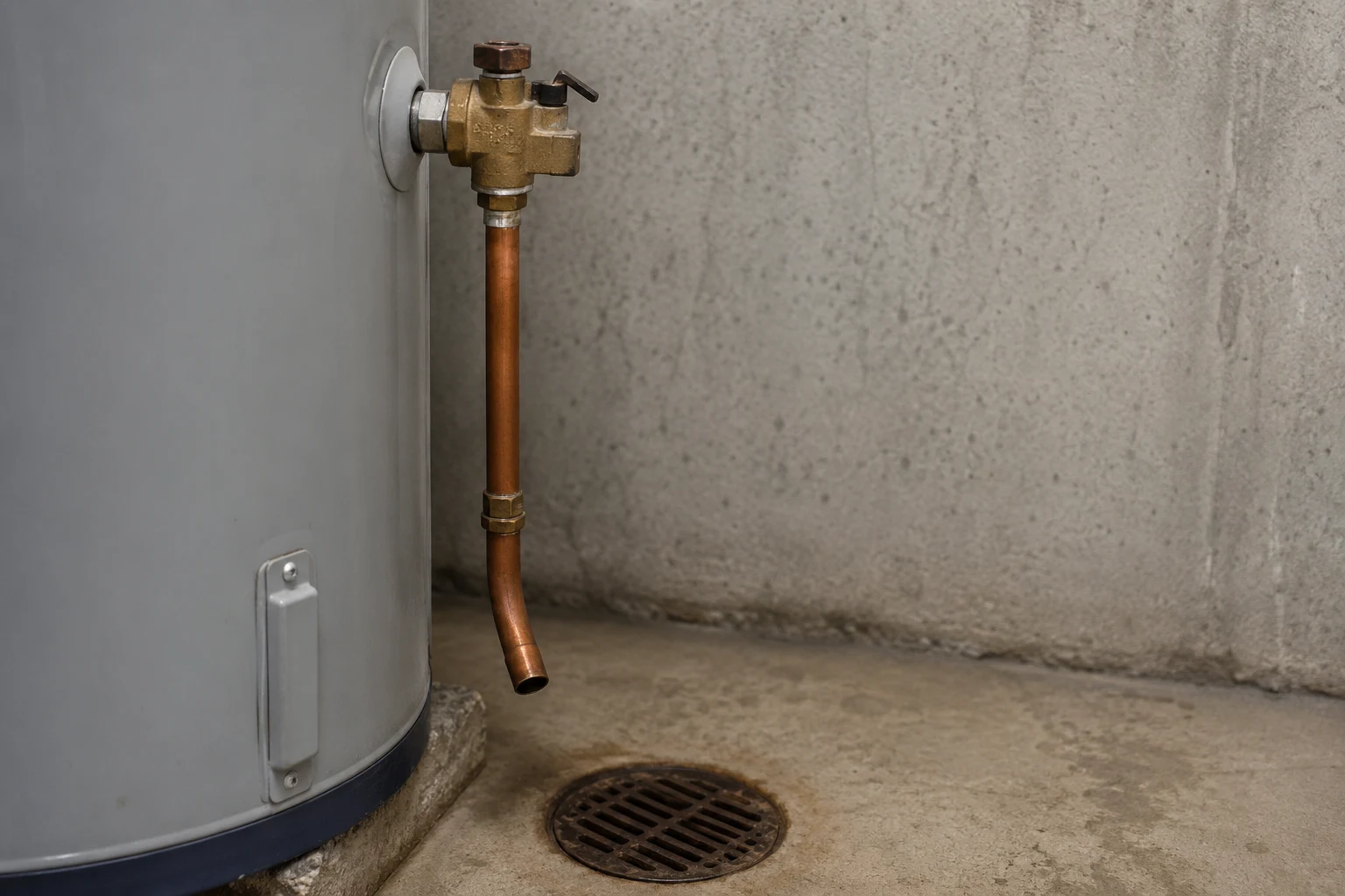 T&P valve discharge pipe running down the side of a water heater and terminating above the floor with an air gap