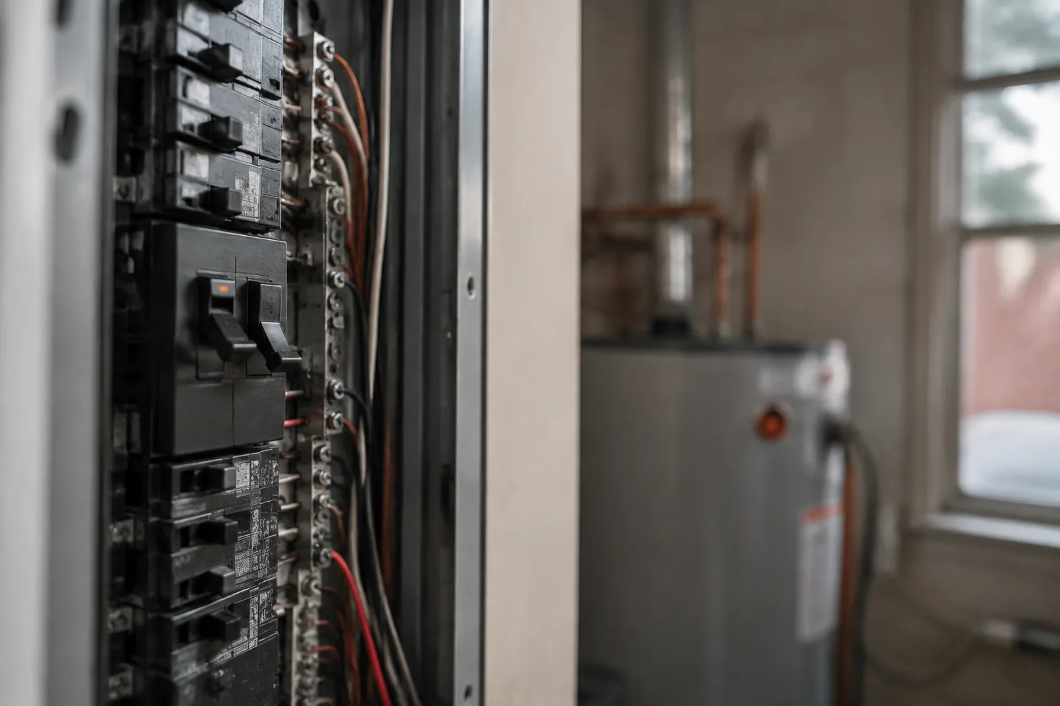 A double-pole 240 volt circuit breaker in an electrical panel serving a water heater