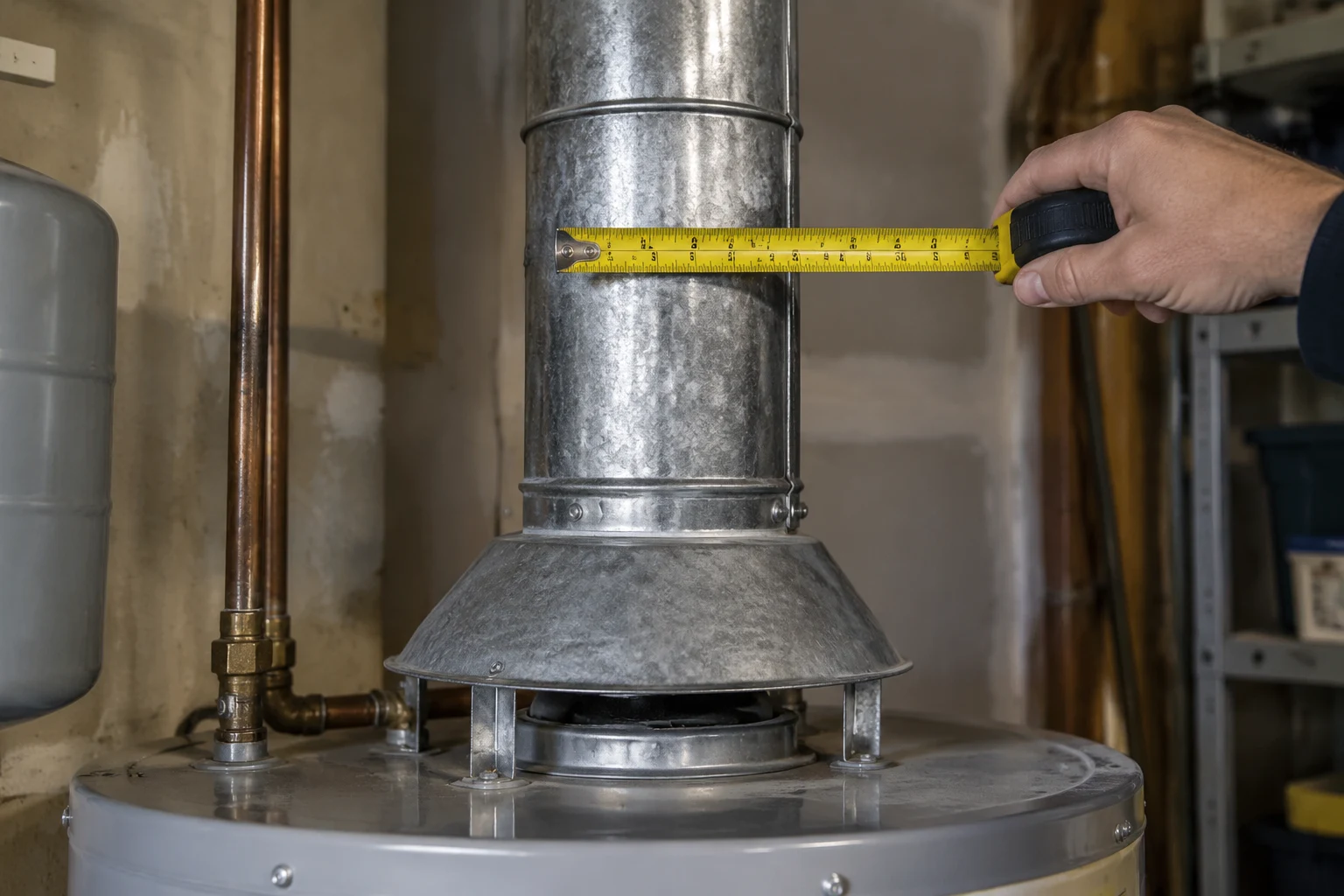 Double-wall Type B metal vent connector rising off a gas water heater draft hood toward a vertical chimney