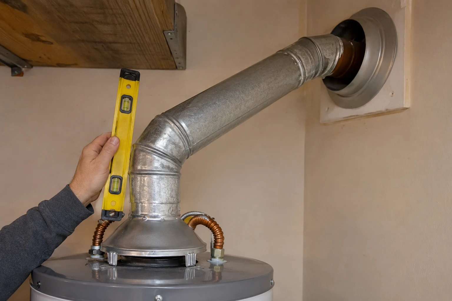 Power-vent water heater with a blower on top and PVC exhaust pipe running horizontally through an exterior wall, next to a Type B metal vent on an atmospheric tank