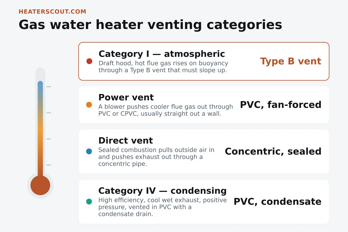 The four gas water heater venting categories: Category I atmospheric with Type B vent, power vent in PVC, direct vent with sealed concentric pipe, and Category IV condensing in PVC with a condensate drain
