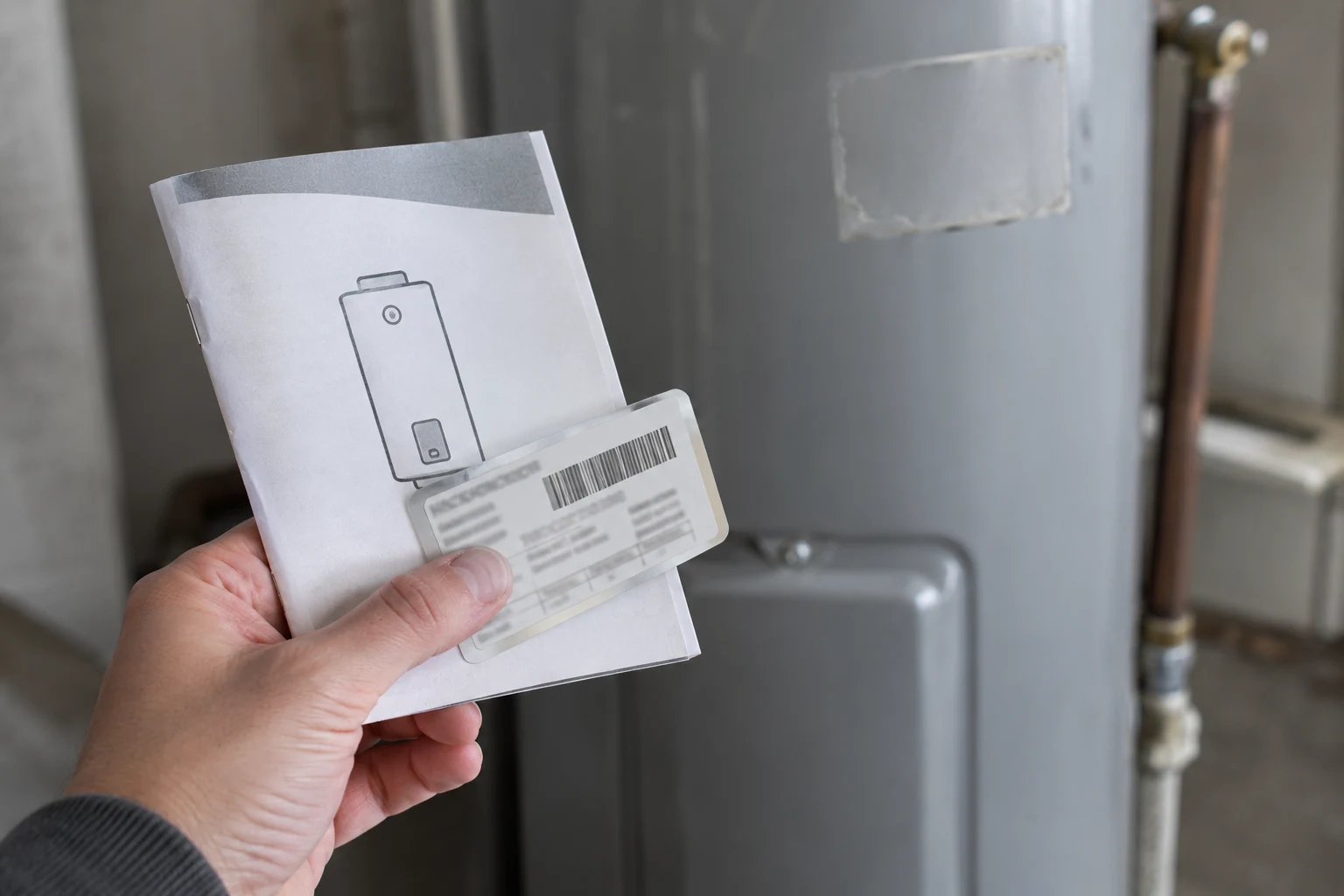 Close-up of a water heater rating plate showing model number, serial number, and manufacture date next to a torn open envelope with the original installation invoice, the two documents a warranty claim always needs