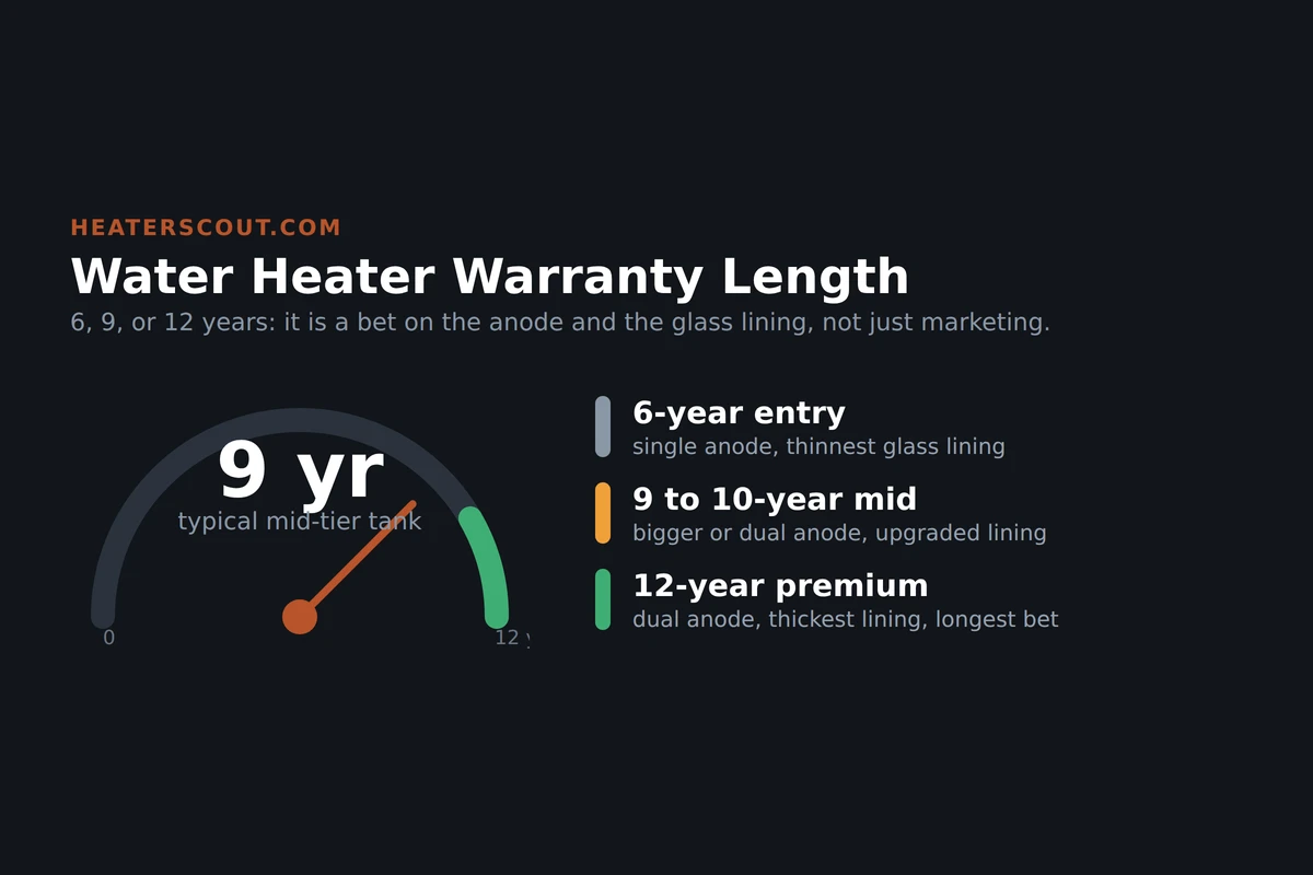 Water heater warranty length gauge showing the range from a 6 year entry tank through a 9 to 10 year mid tier to a 12 year premium tank, with the physical differences of anode size and glass lining thickness that back each tier