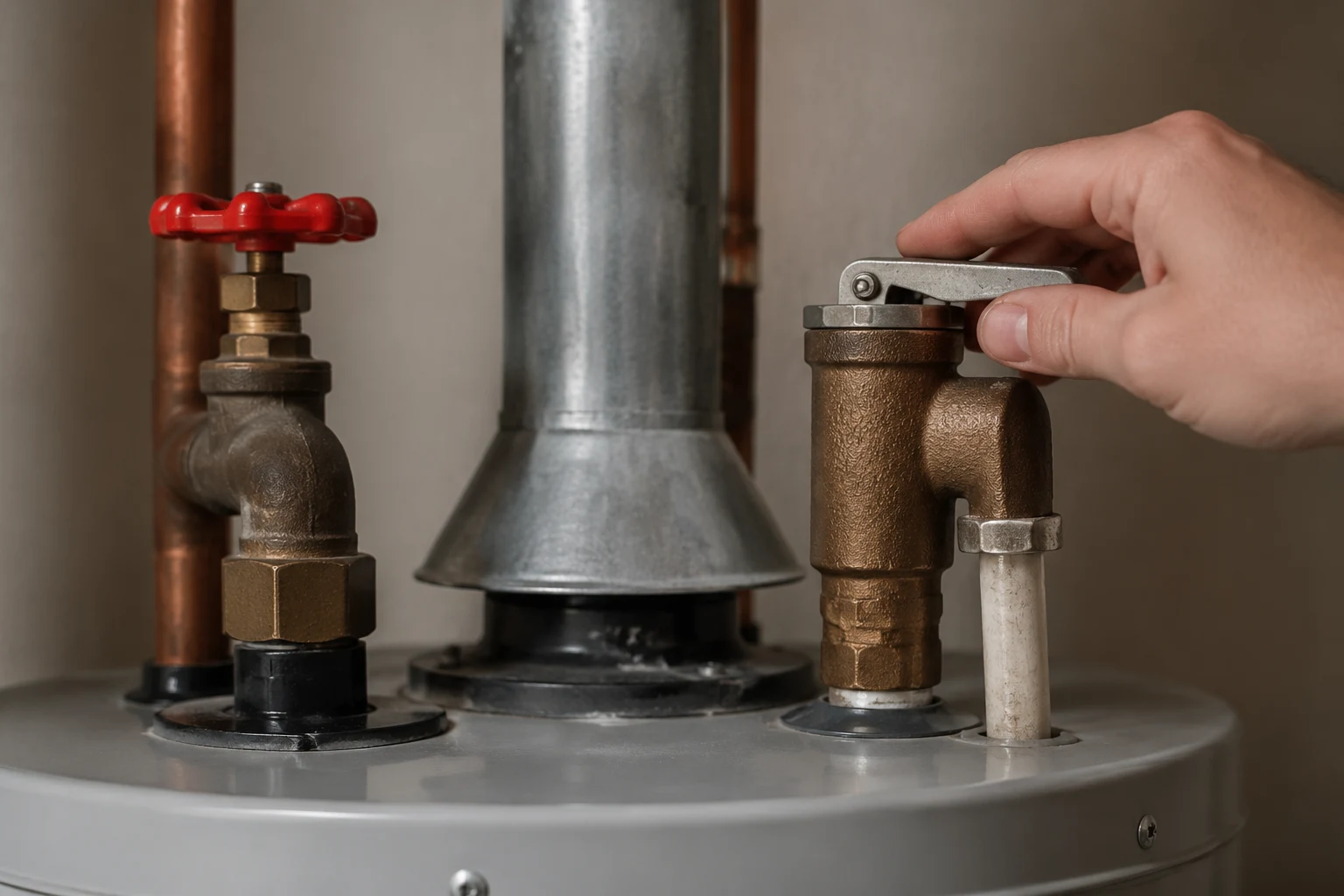 Close-up of a temperature and pressure relief valve on the side of a water heater with its discharge tube, the component that whistles under overpressure