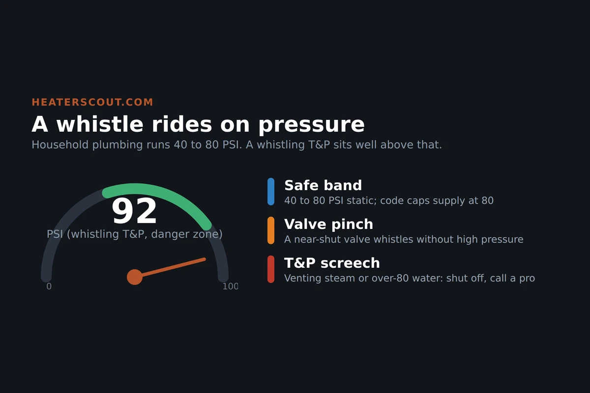 Pressure gauge showing a safe green band of 40 to 80 PSI and a whistling T&P valve reading in the red danger zone at 92 PSI