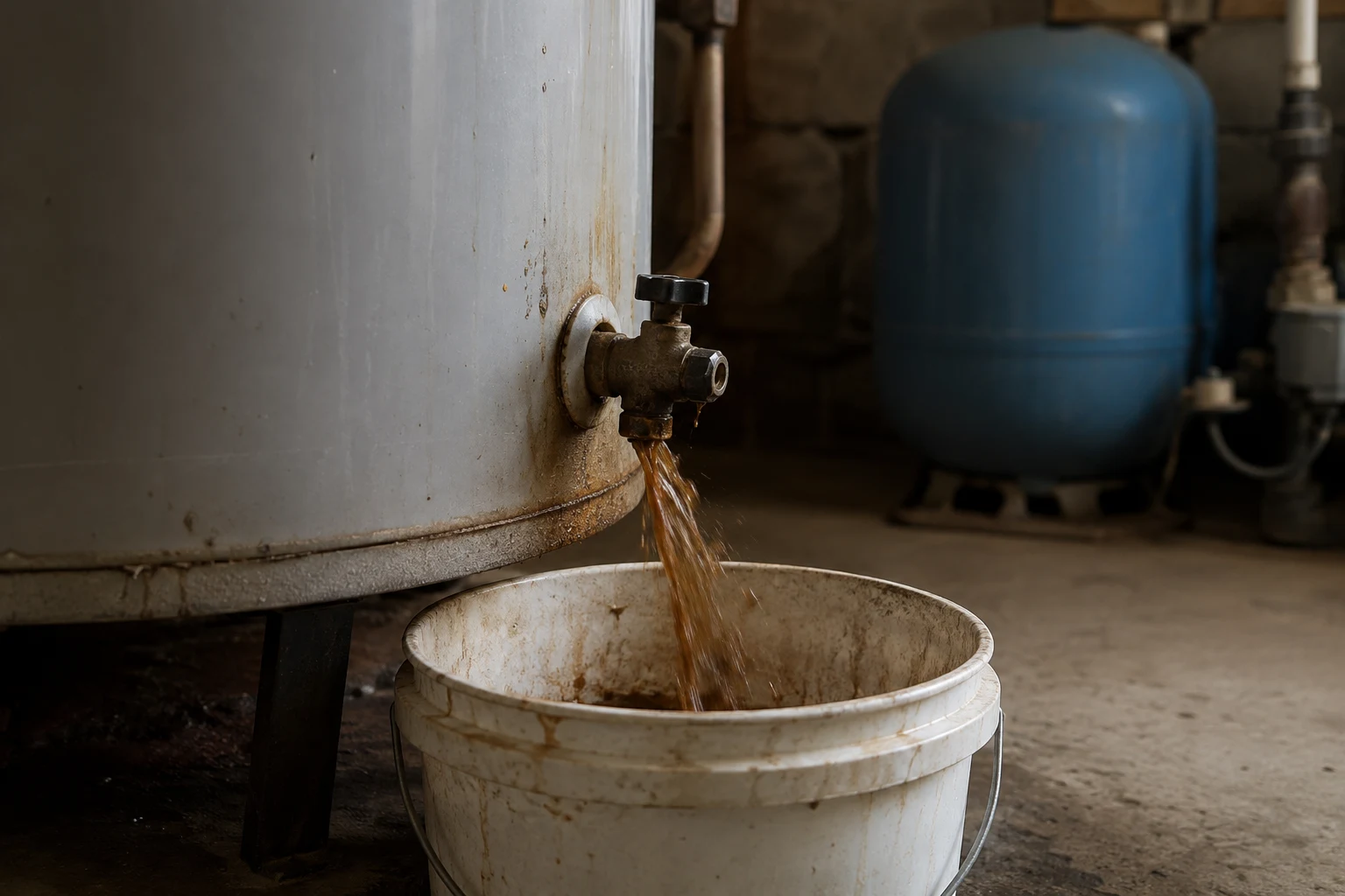 A water heater on a private well with a sediment filter and softener plumbed in ahead of it, the anode rod pulled for inspection, and a brass ball valve on the drain for easier flushing