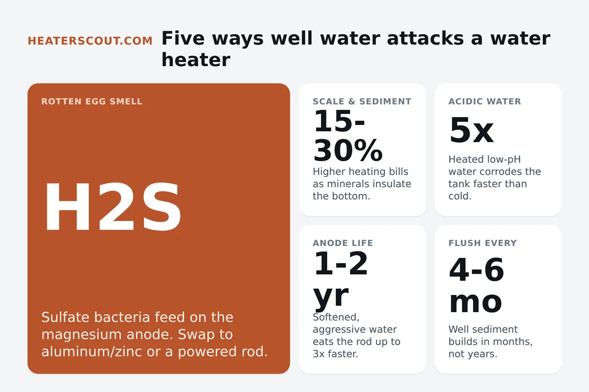 Bento chart of five ways well water attacks a water heater: hydrogen sulfide rotten egg smell from the anode, scale and sediment raising bills 15 to 30 percent, acidic water 5 times more corrosive when heated, anode life cut to 1 to 2 years, and a flush needed every 4 to 6 months