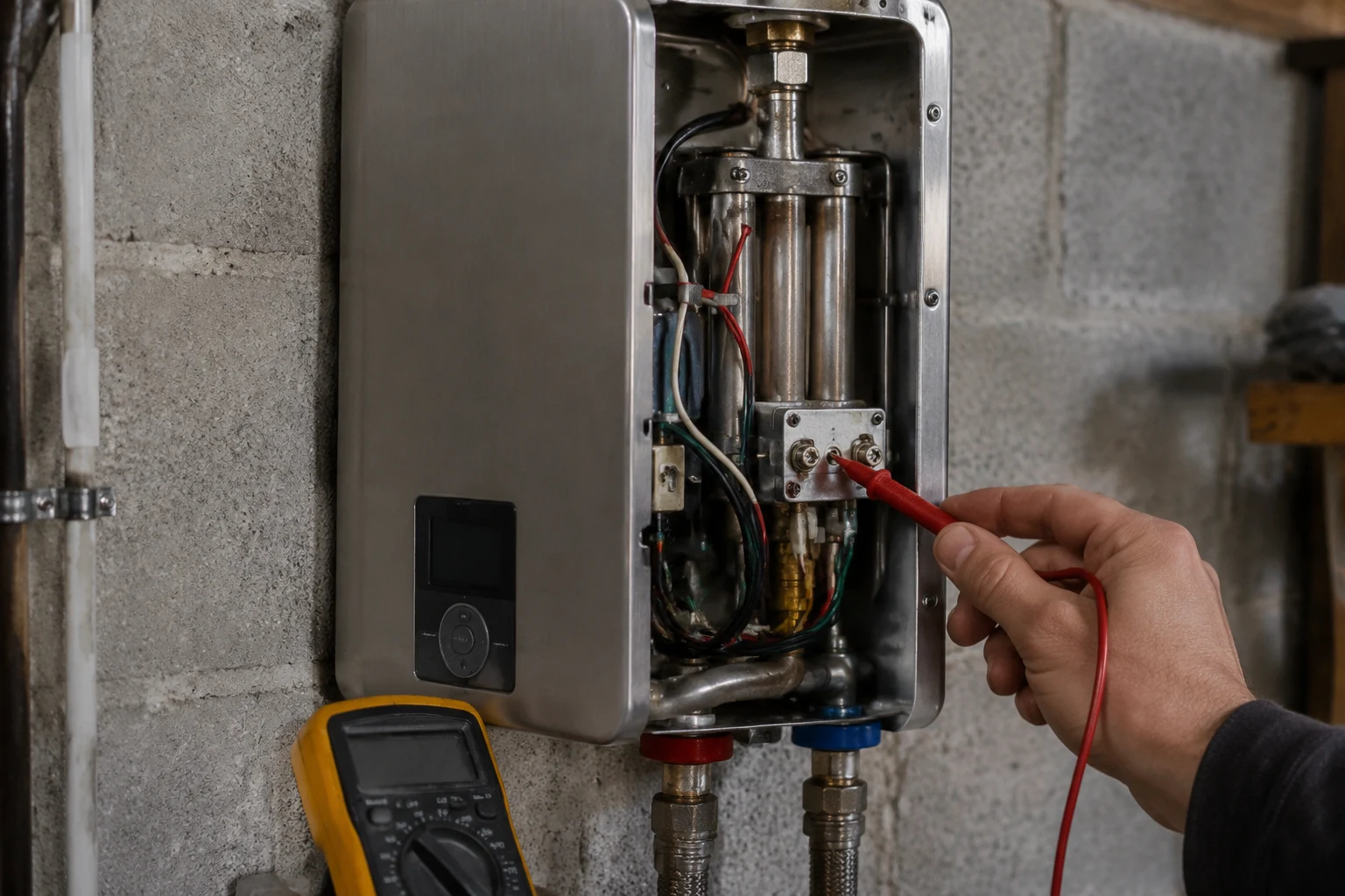 The inside of a Westinghouse electric tankless water heater showing the heating elements, the flow sensor, the double-pole wiring terminals, and the overheat thermal cutoff, with power off at the breaker