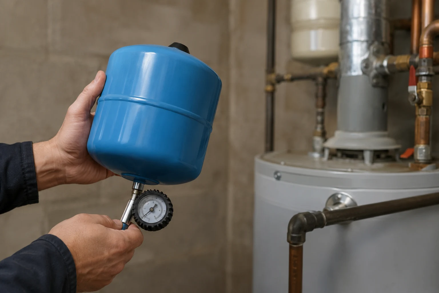 Technician checking the air pre-charge on a thermal expansion tank Schrader valve with a tire gauge before installation