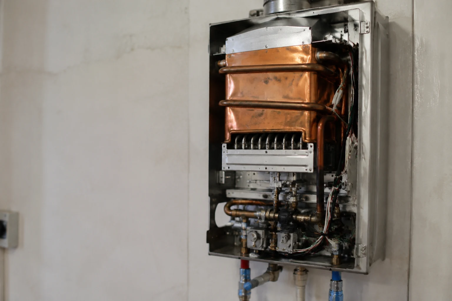 A wall-mounted tankless water heater with the cover off showing the heat exchanger and gas manifold