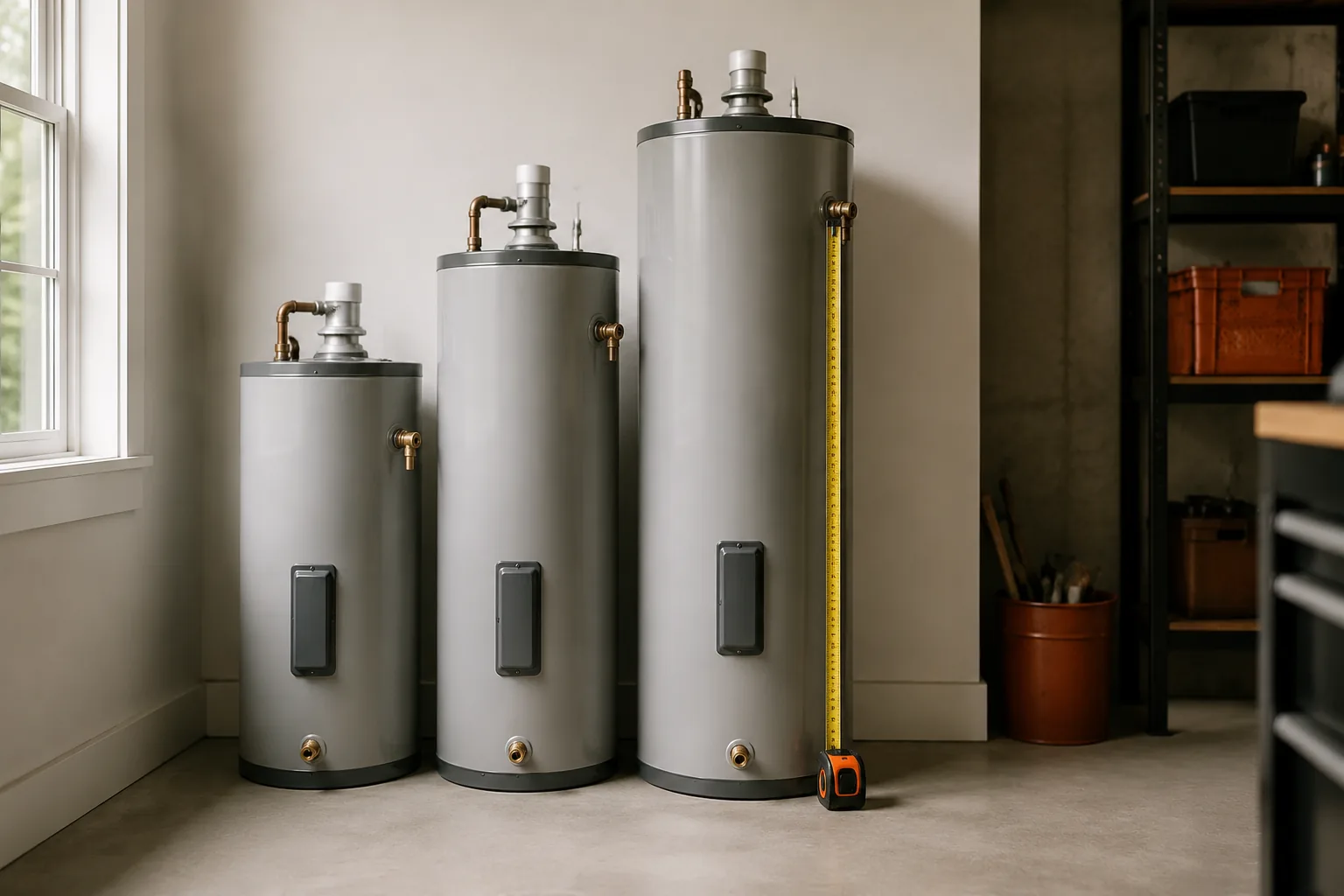 Row of storage water heaters in different tank sizes with a sizing chart
