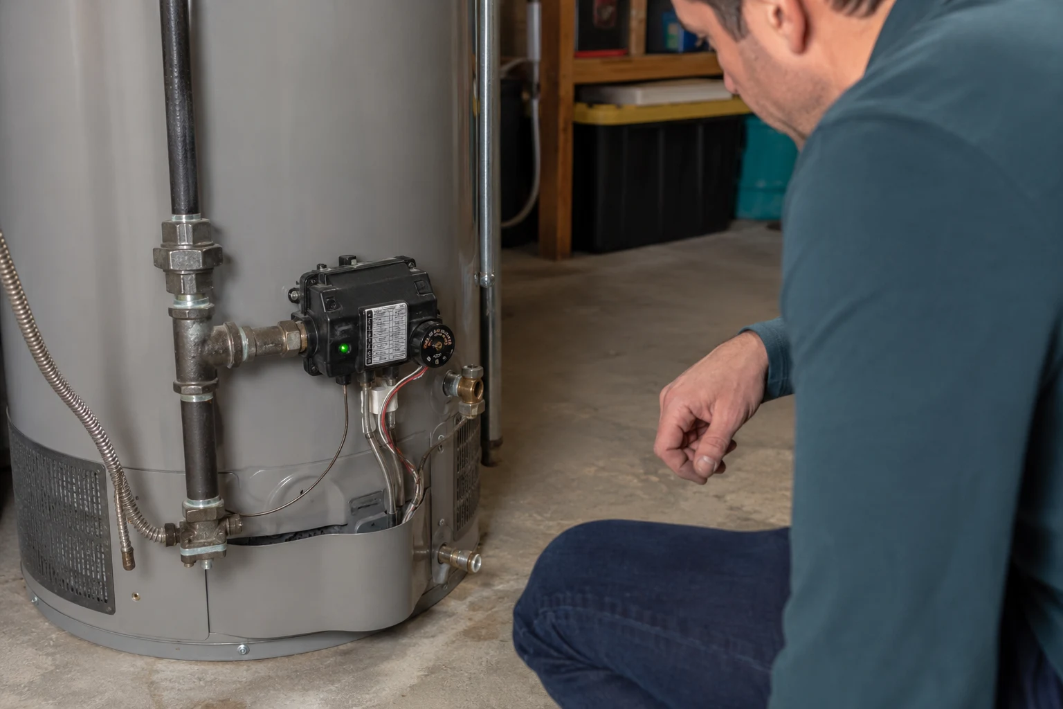 A Whirlpool gas control valve low on the tank with the status light glowing, the ON/OFF gas control knob, and the burner door lighting instructions, the point where the flash count is read and the reset is performed