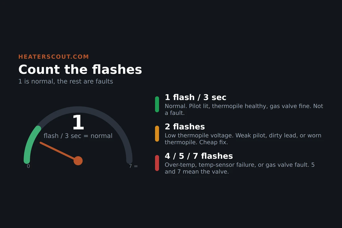 Whirlpool gas water heater status light flash-code map showing 1 flash as normal operation and 2, 4, 5, and 7 flashes as fault codes, each routed to a part of the gas control valve