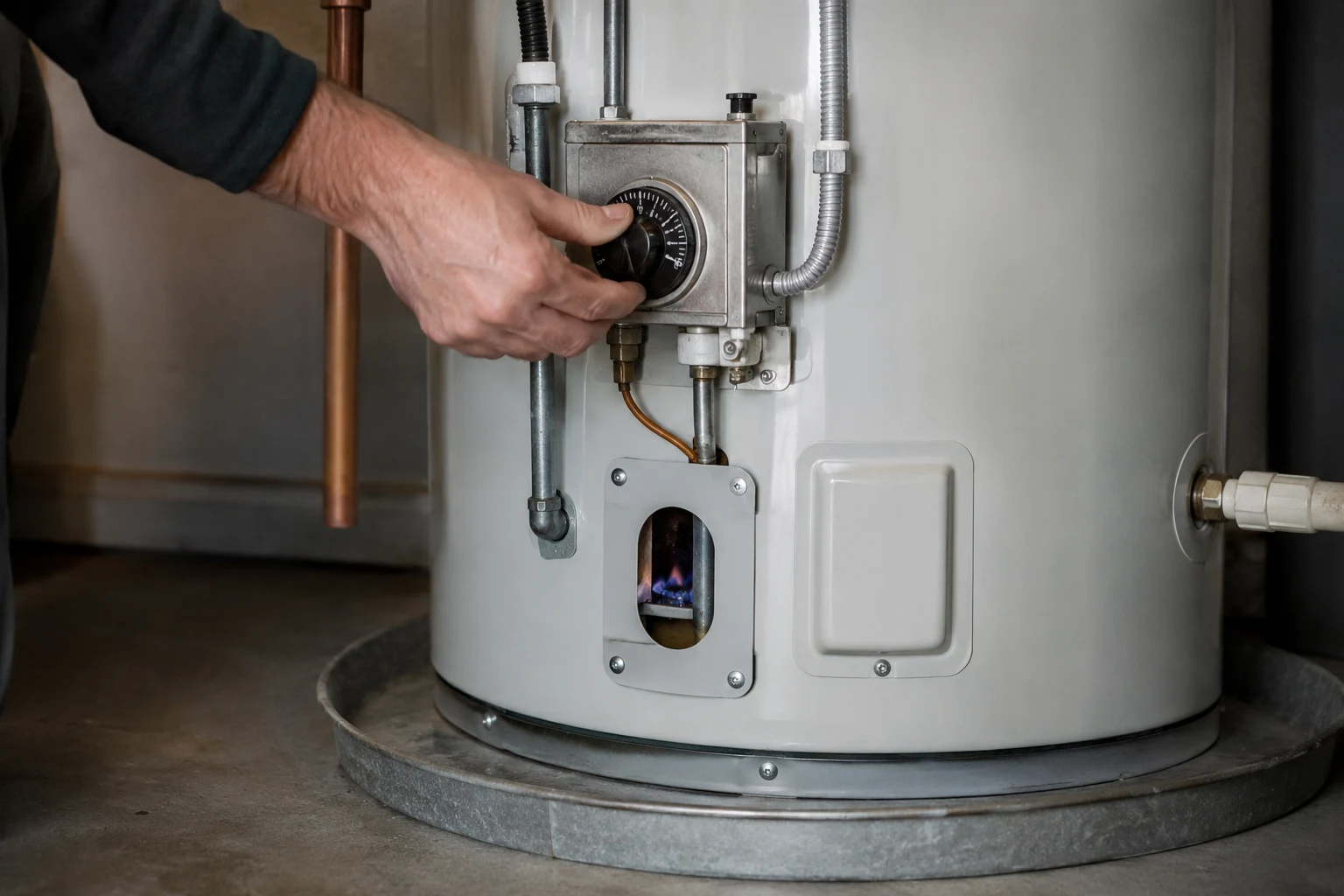 Close-up of a Whirlpool gas water heater Honeywell gas control valve showing the blinking status light and the temperature adjustment buttons used to read codes and reset a lockout